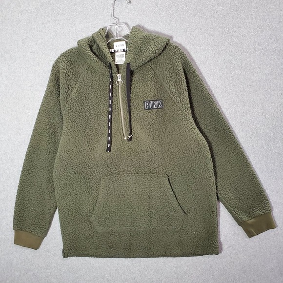 Victoria's Secret Other - Pink‎ Victorias Secret Men Sweatshirt Medium Olive Sherpa Hoodie 1/4 Zip Logo